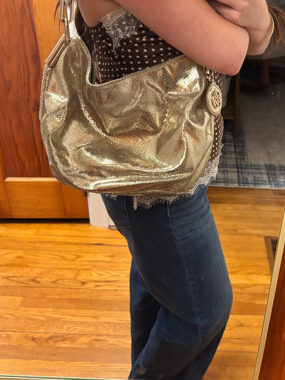 Y2K Metallic Gold Shoulder Bag - Women's Hobo Purse - Picture 5 of 6